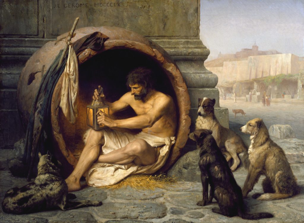 A 1860 painting of the Ancient Greek philosopher Diogenes sitting in a jar, holding a lantern, surrounded by dogs.