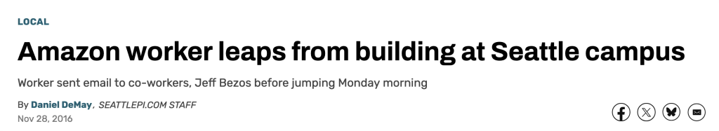 News article: Amazon worker leaps from building at Seattle campus